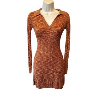 L*Space Aria knit mini dress XS Sahara brown Long sleeves Collared V-neck Womens